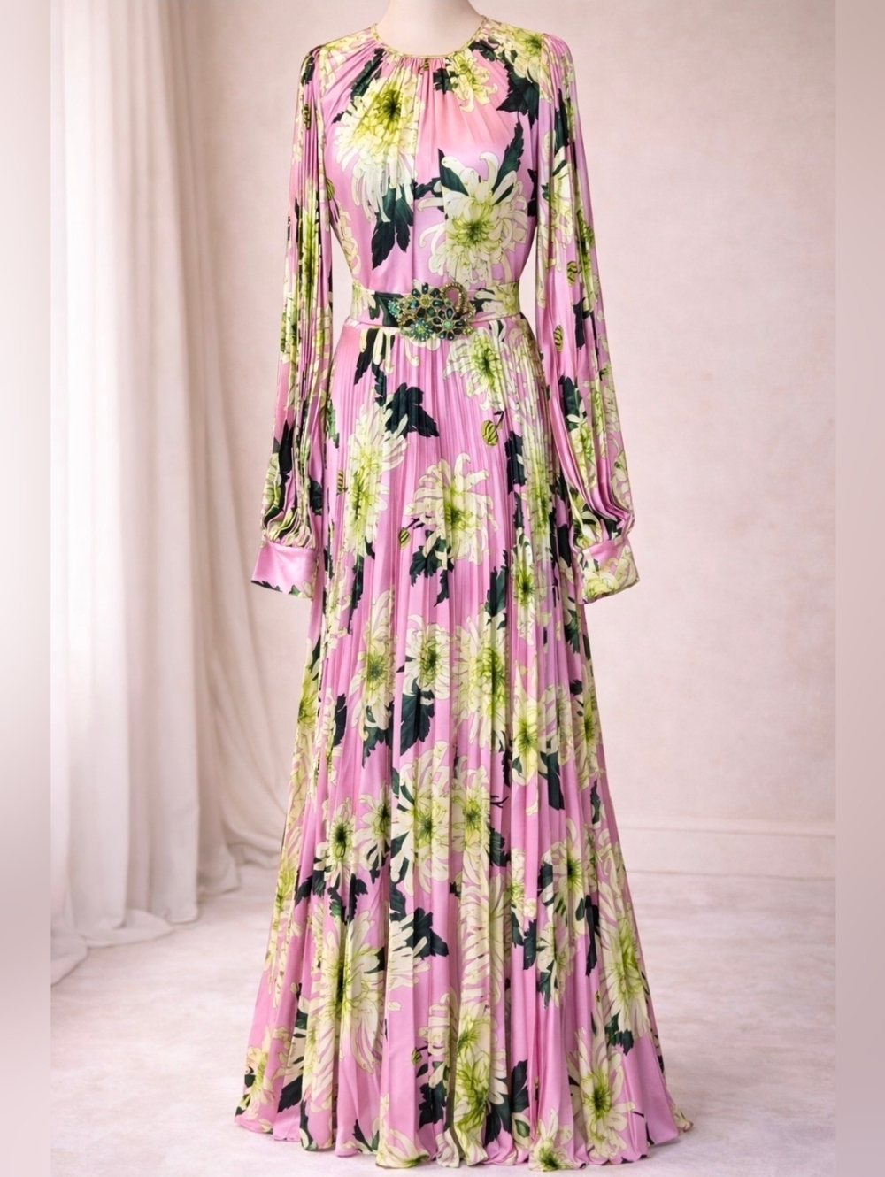 Andrew Gn Silk Floral Pleated Gown Embellished Belt Maxi Dress Luxury Designer - Picture 1 of 16